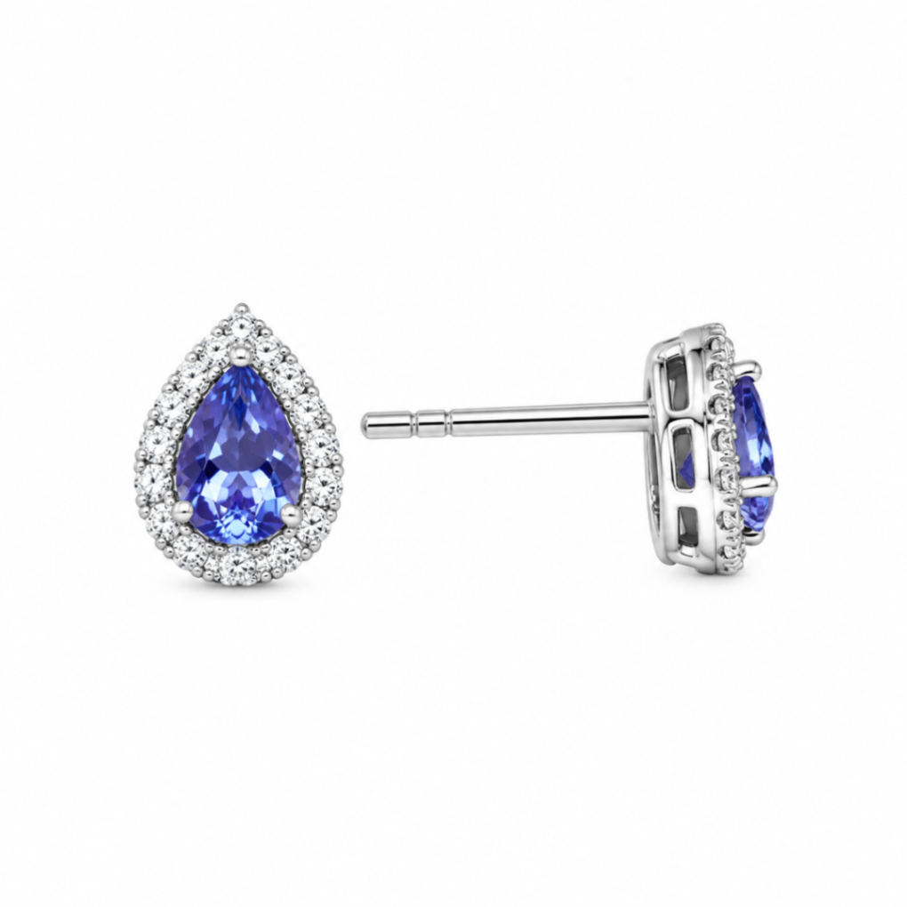 18K White Gold Pear Shaped Tanzanite Studs with a Diamond Halo