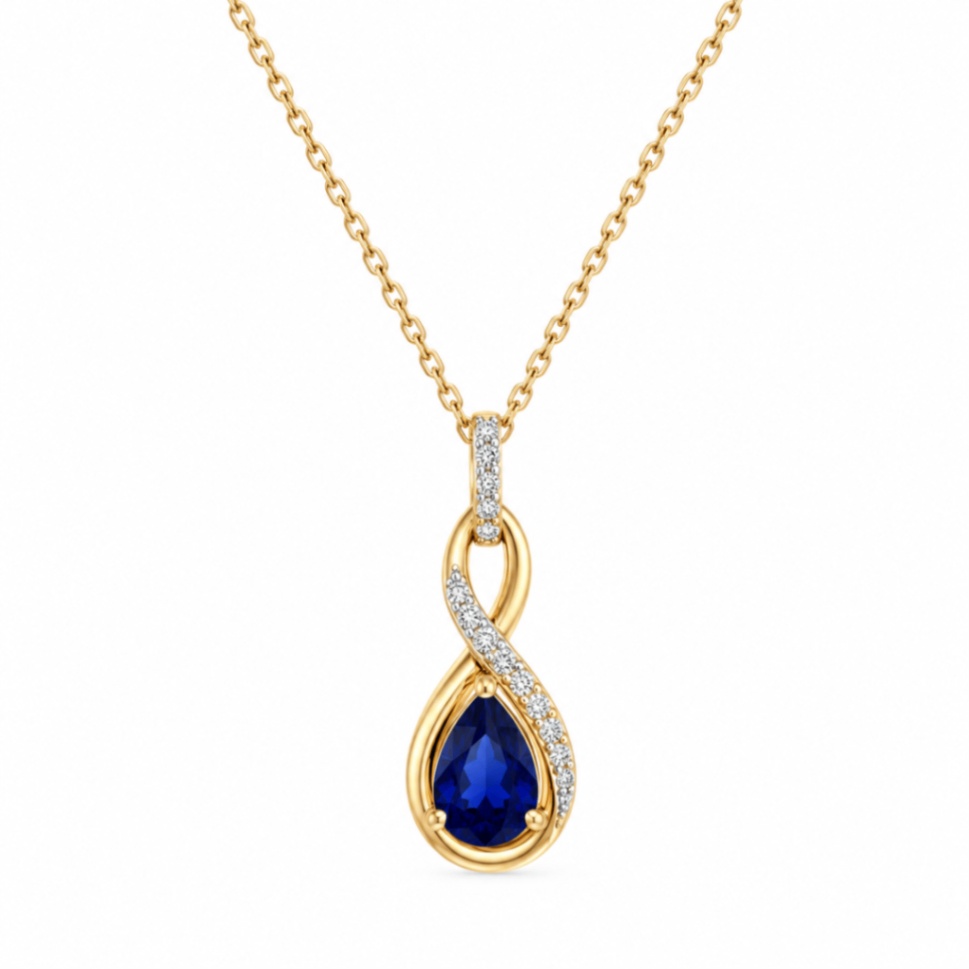 10K Yellow Gold Pear Shaped Sapphire and Diamond Pendant