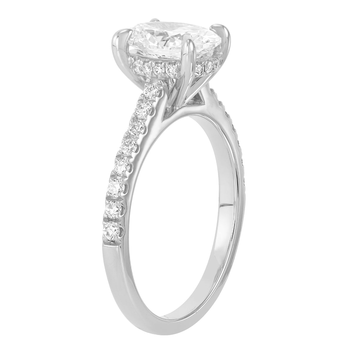 14K White Gold Oval Lab Grown Diamond Engagement Ring With Hidden Halo and Diamond Accents