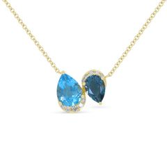 14K YG BLUE & LB TOPAZ/DIA TEARDROP PENDANT NECKLACE