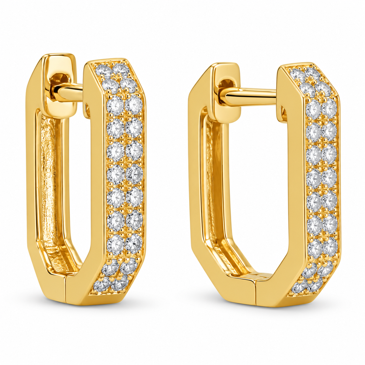 14K Yellow Gold Diamond Pave Square Huggie Earrings