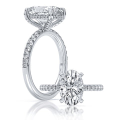 14K White Gold 100-Facet Oval Diamond Engagement Ring With Hidden Halo and Diamond Accents