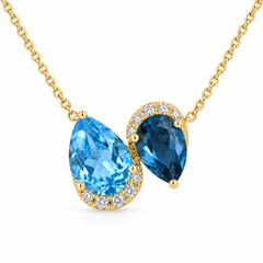14K Yellow Gold Swiss Blue & London Blue Topaz Diamond Teardrop Pendant Necklace