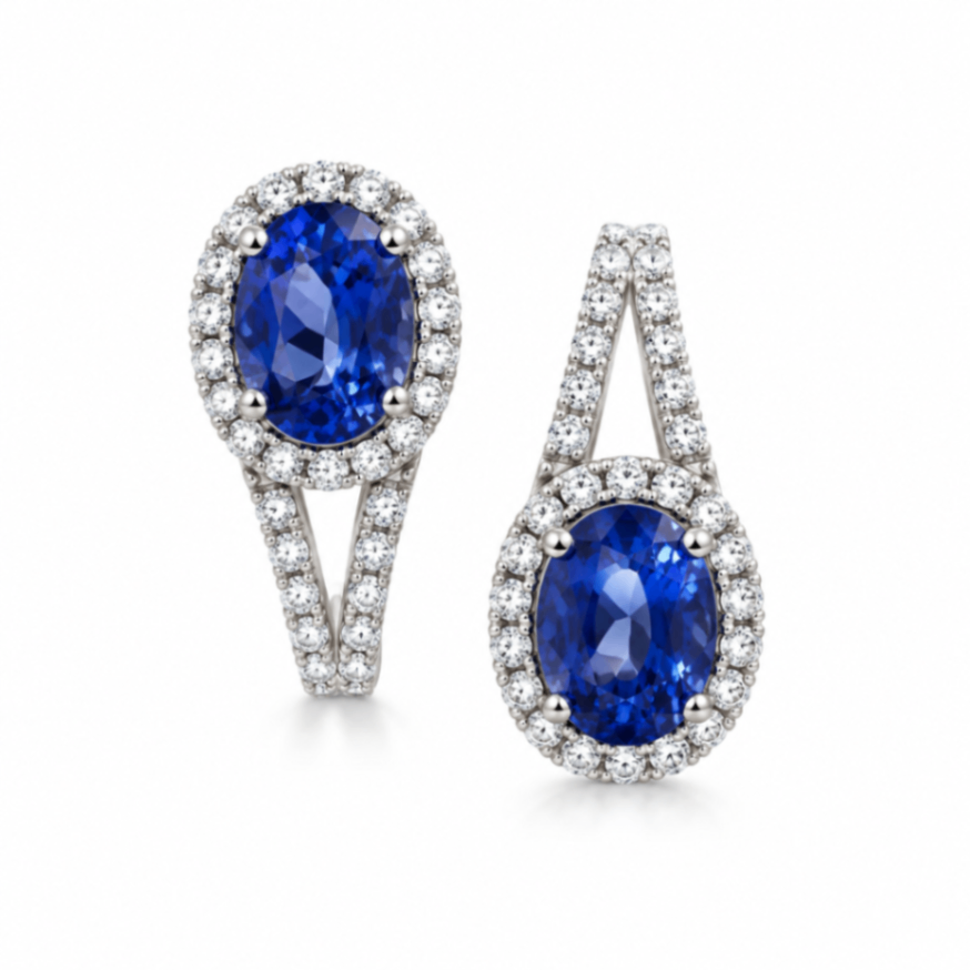18KWG OVAL TANZ & DIA EARRINGS T=3.10 D=.45CTTW