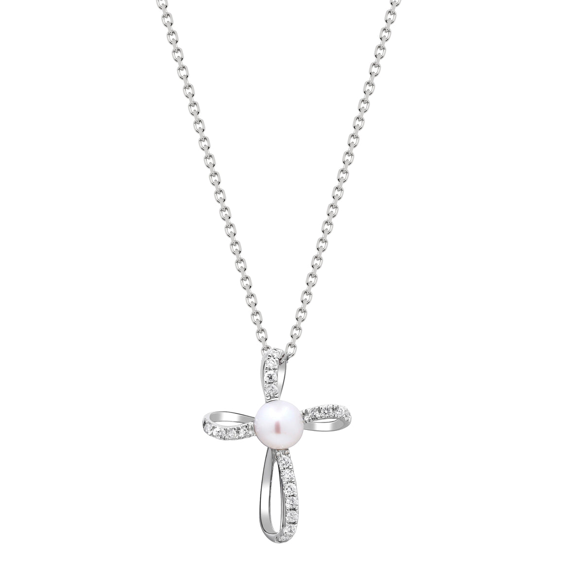 10K White Gold Pearl and Diamond Cross 10K White Gold Pearl & Diamond Cross Pendant