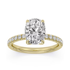 14K Lab Grown 100-Facet Cushion Cut Diamond Engagement Ring With Tulip Prongs and Diamond Accents