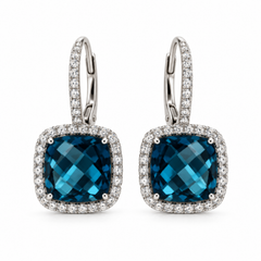 14K White Gold London Blue Topaz and Diamond Leverback Earrings