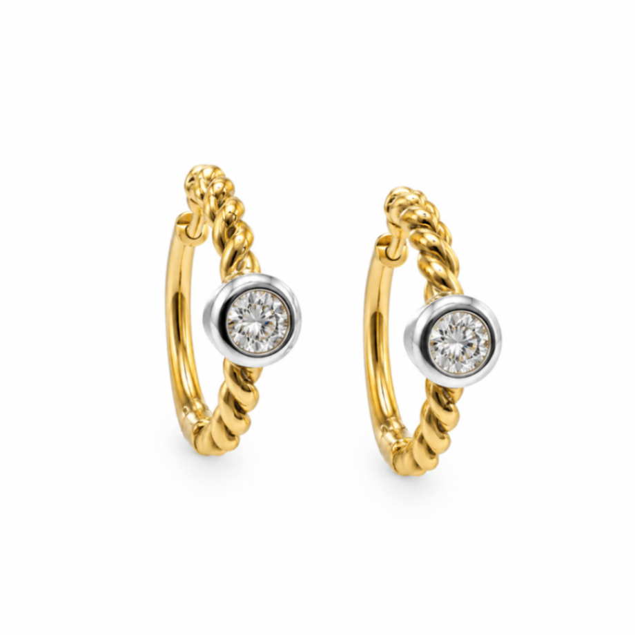 14K Yellow Gold Bezel Set Diamond Hoop Earrings