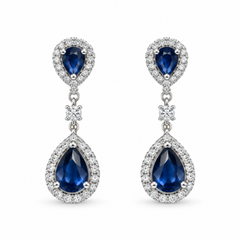 14K White Gold Sapphire & Diamond Double Halo Drop Earrings