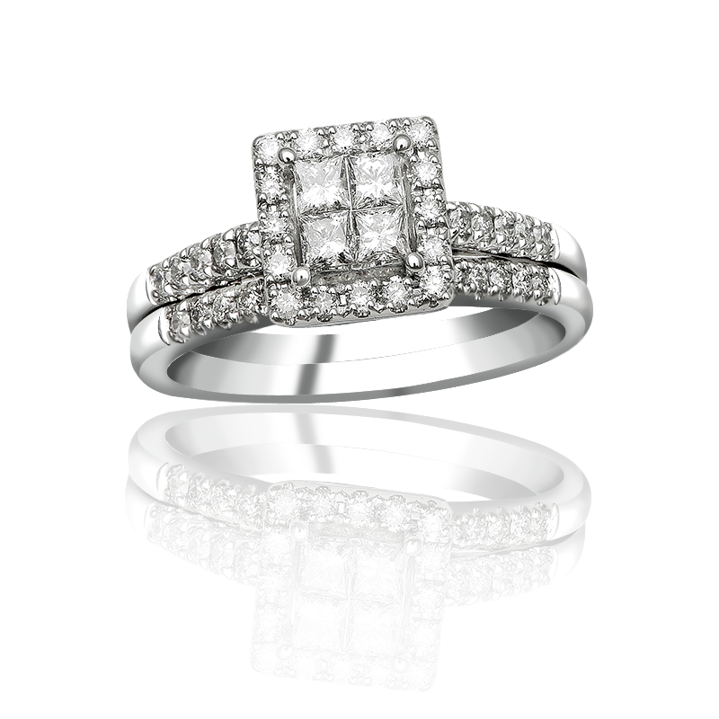 14K White Gold 5/8 CTTW Quad Princess Cut Diamond Halo Wedding Set ... 14K White Gold 5/8 CTTW Quad Princess Cut Diamond Halo Wedding Set ...