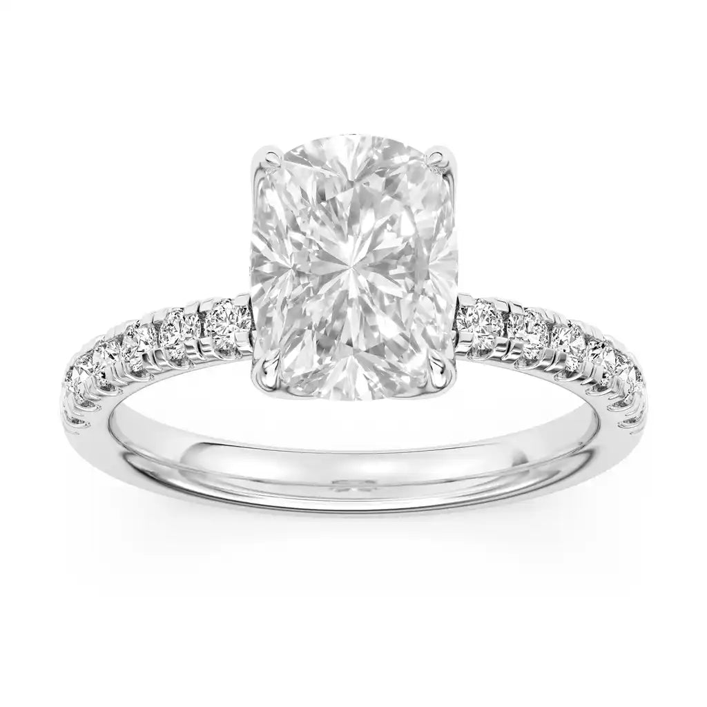 100-Facet Cushion-Cut Lab Grown 3.02 Diamond Engagement Ring in 14K White Gold with Diamond Accents