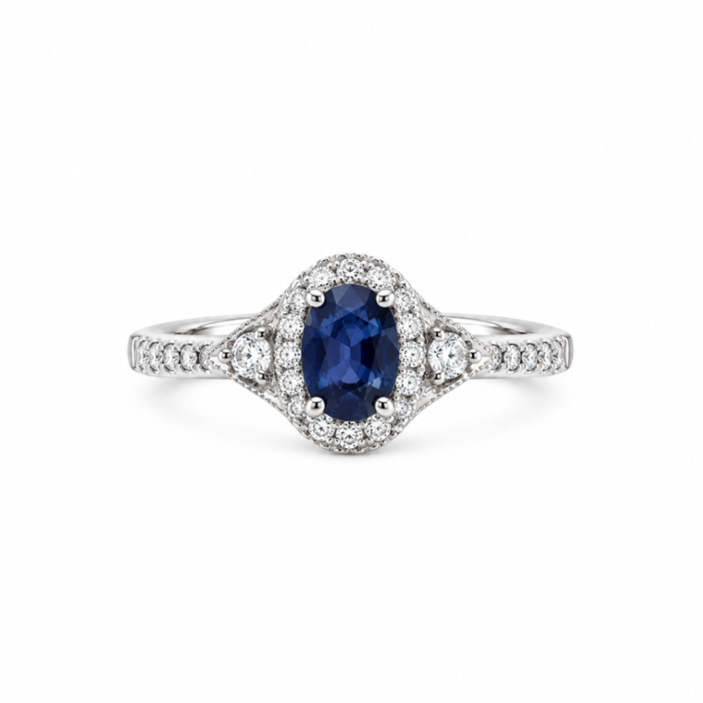 10K White Gold Blue Sapphire Earrings With Diamond Halo