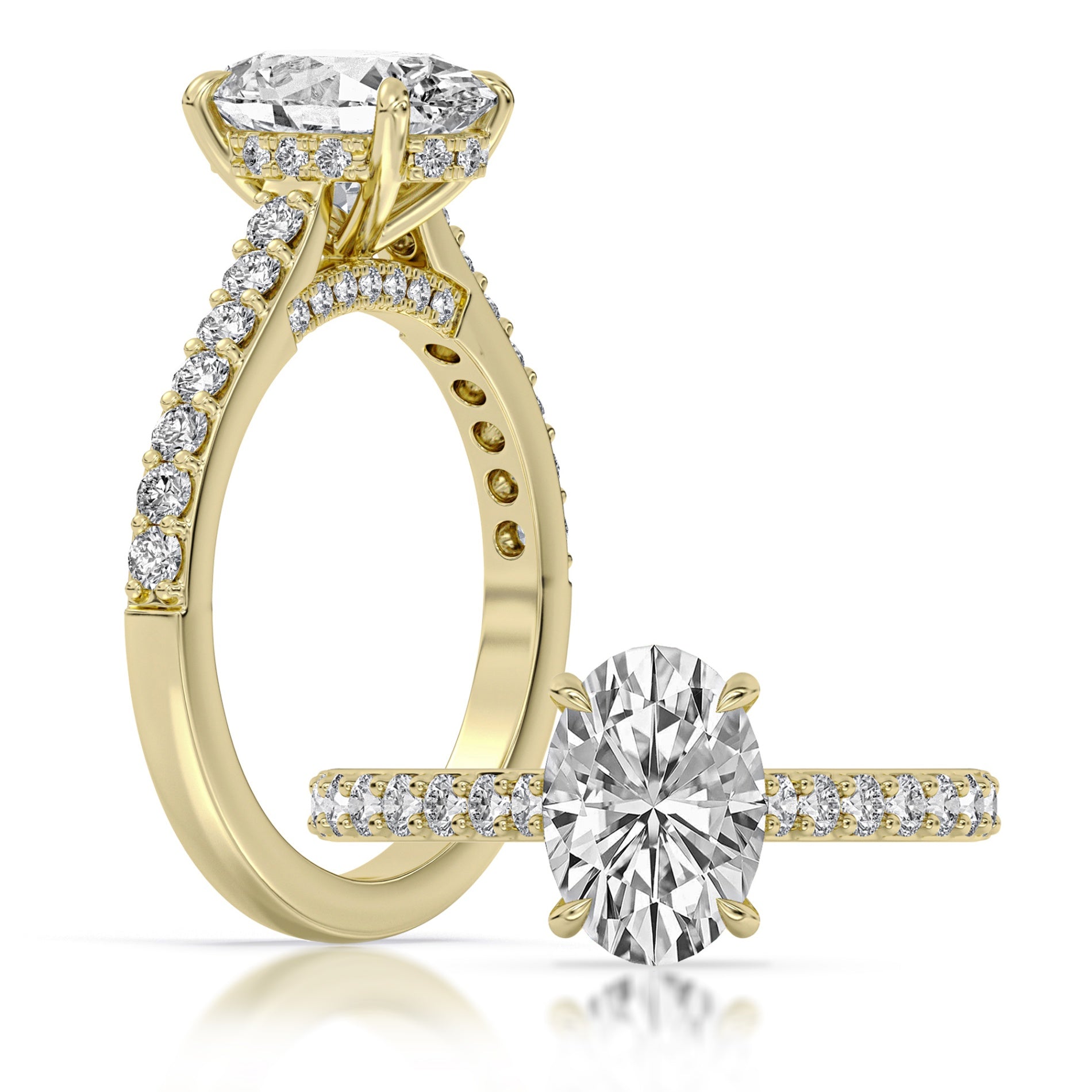 14K Yellow Gold 100-Facet Oval Diamond Engagement Ring Featuring a Hidden Halo