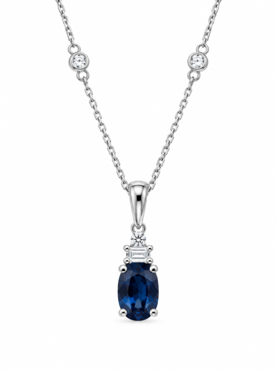 14K White Gold Oval Sapphire & Diamond Pendant