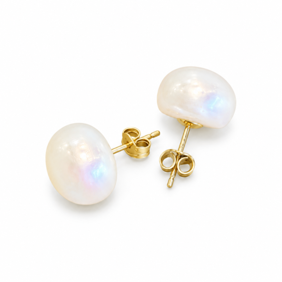14K Yellow Gold 11mm-12mm Freshwater Button Pearl Earrings