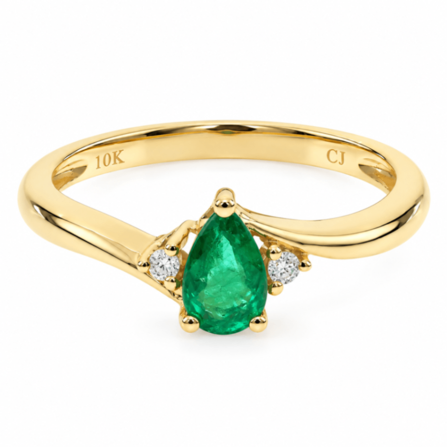 10K Yellow Gold Pear-Shaped Emerald & Diamond Ring