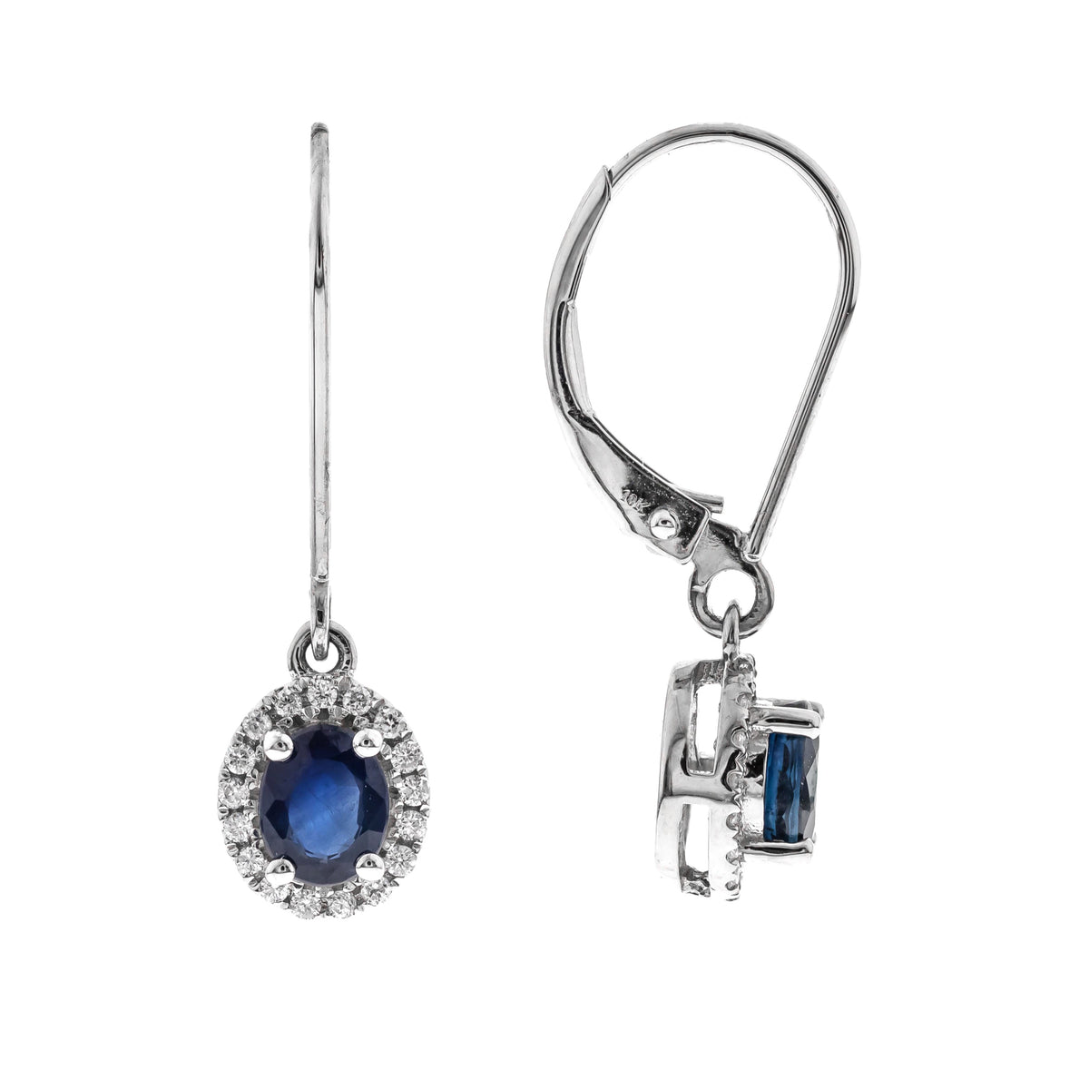 10K White Gold Blue Sapphire Earrings With Diamond Halo