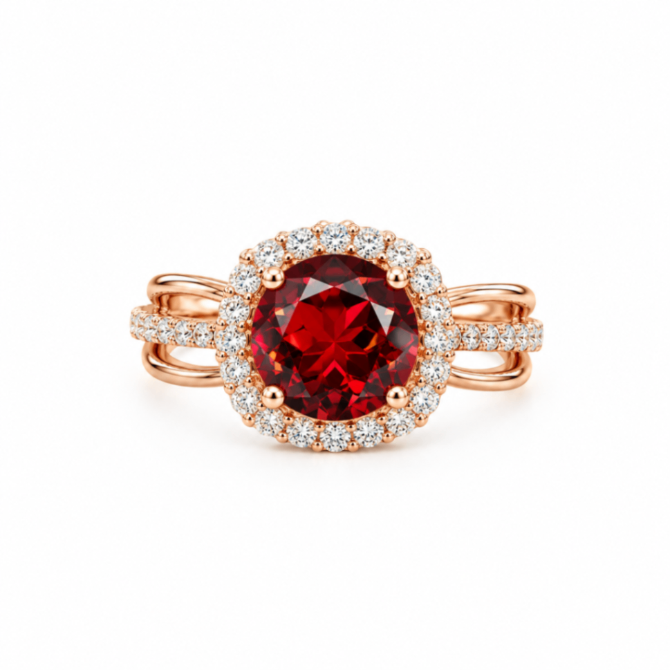 14K Rose Gold Garnet & Diamond Halo Ring