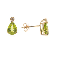 10K Yellow Gold Pear Shaped Peridot and Diamond Stud Earrings