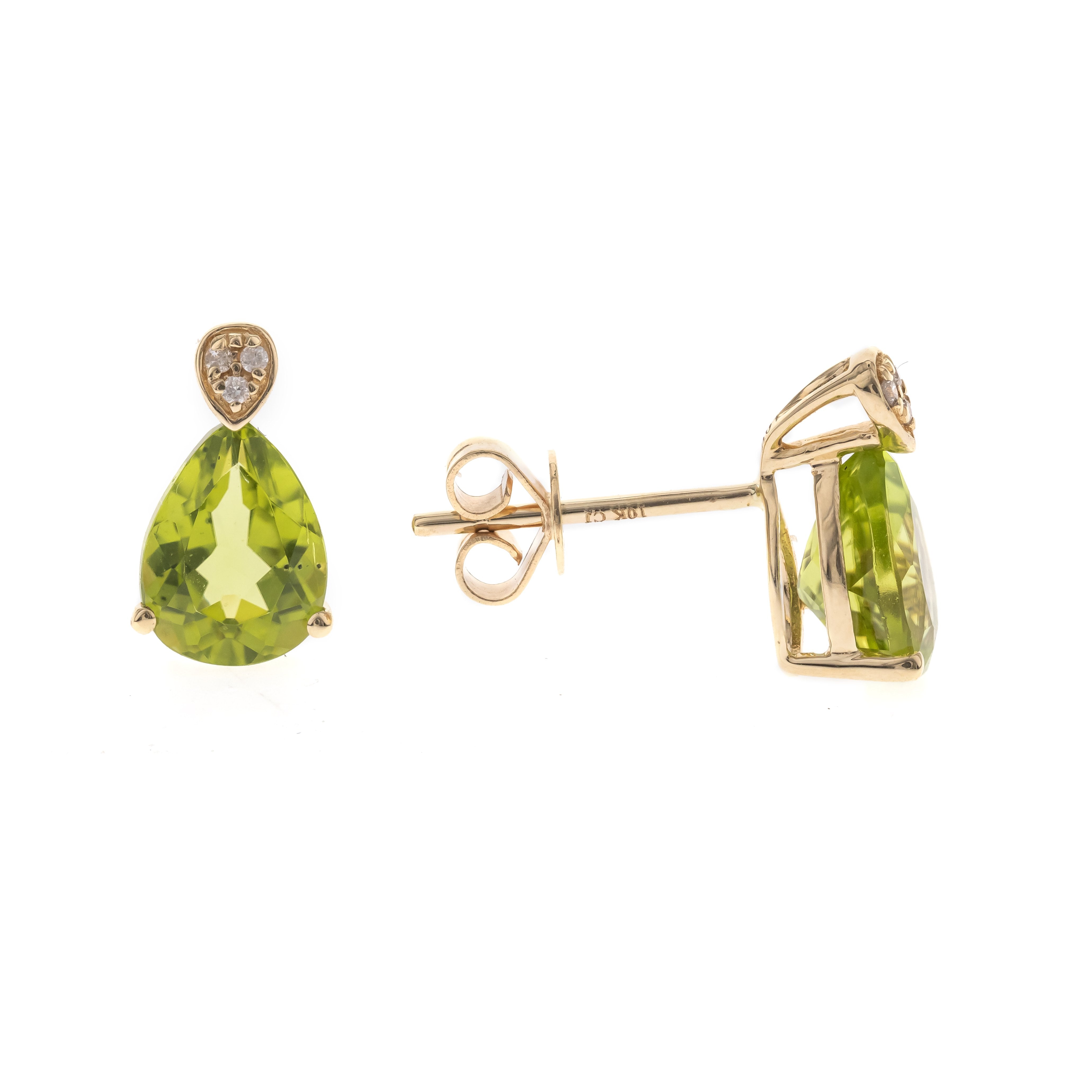 10K Yellow Gold Pear Shaped Peridot and Diamond Stud Earrings