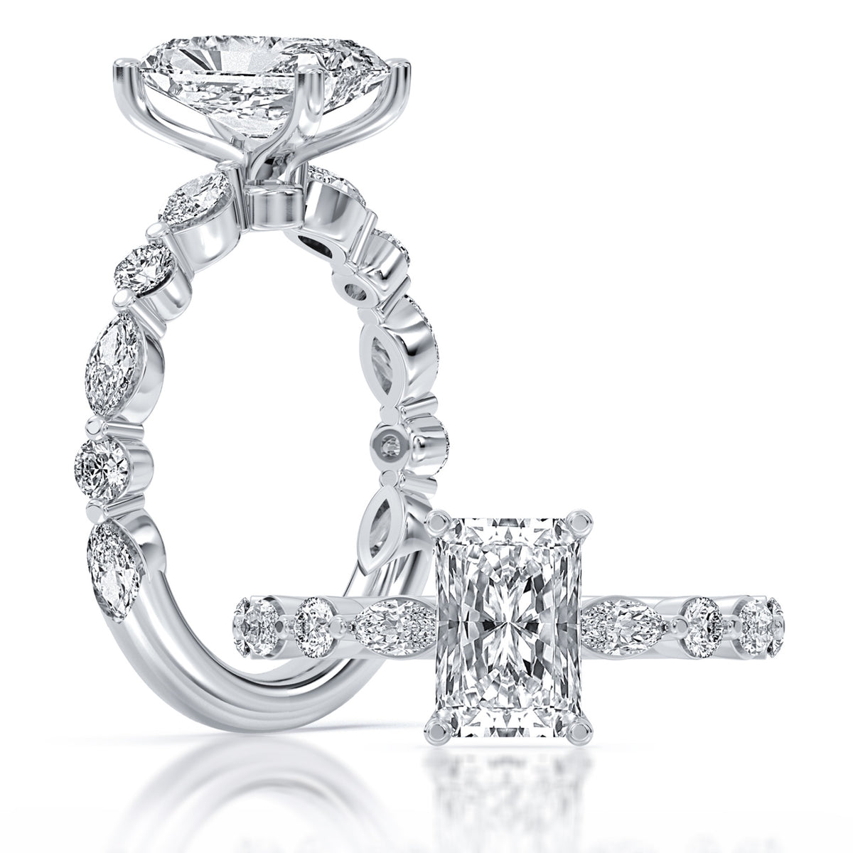 14K White Gold Lab Grown 100-Facet Radiant Diamond Engagement Ring with Diamond Accents