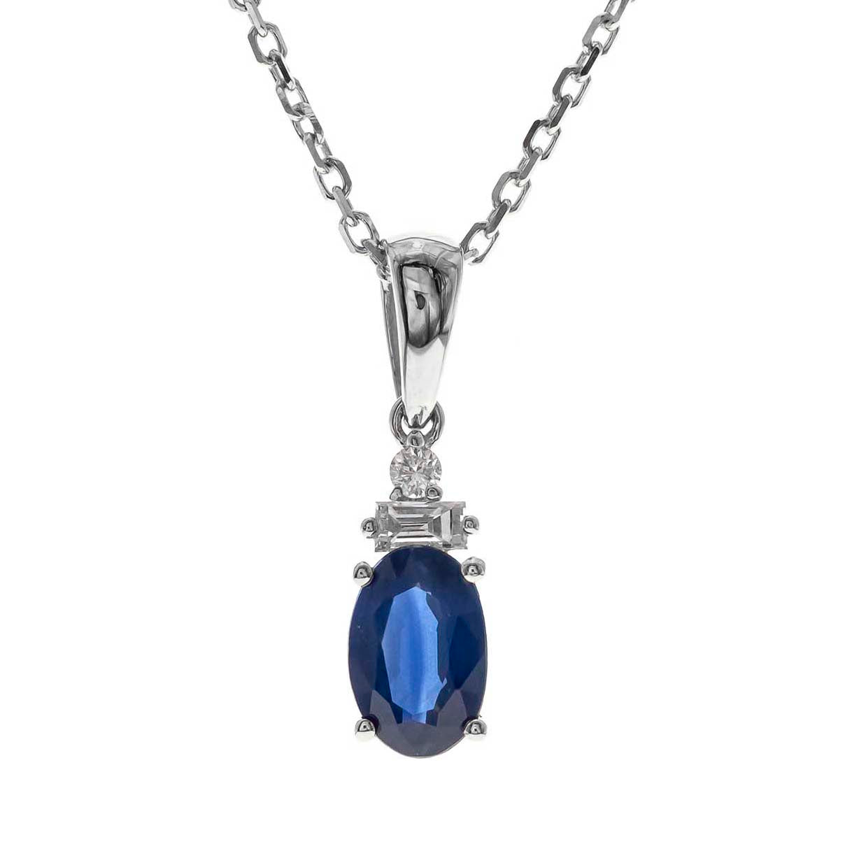 10K White Gold Oval Sapphire and Diamond Pendant