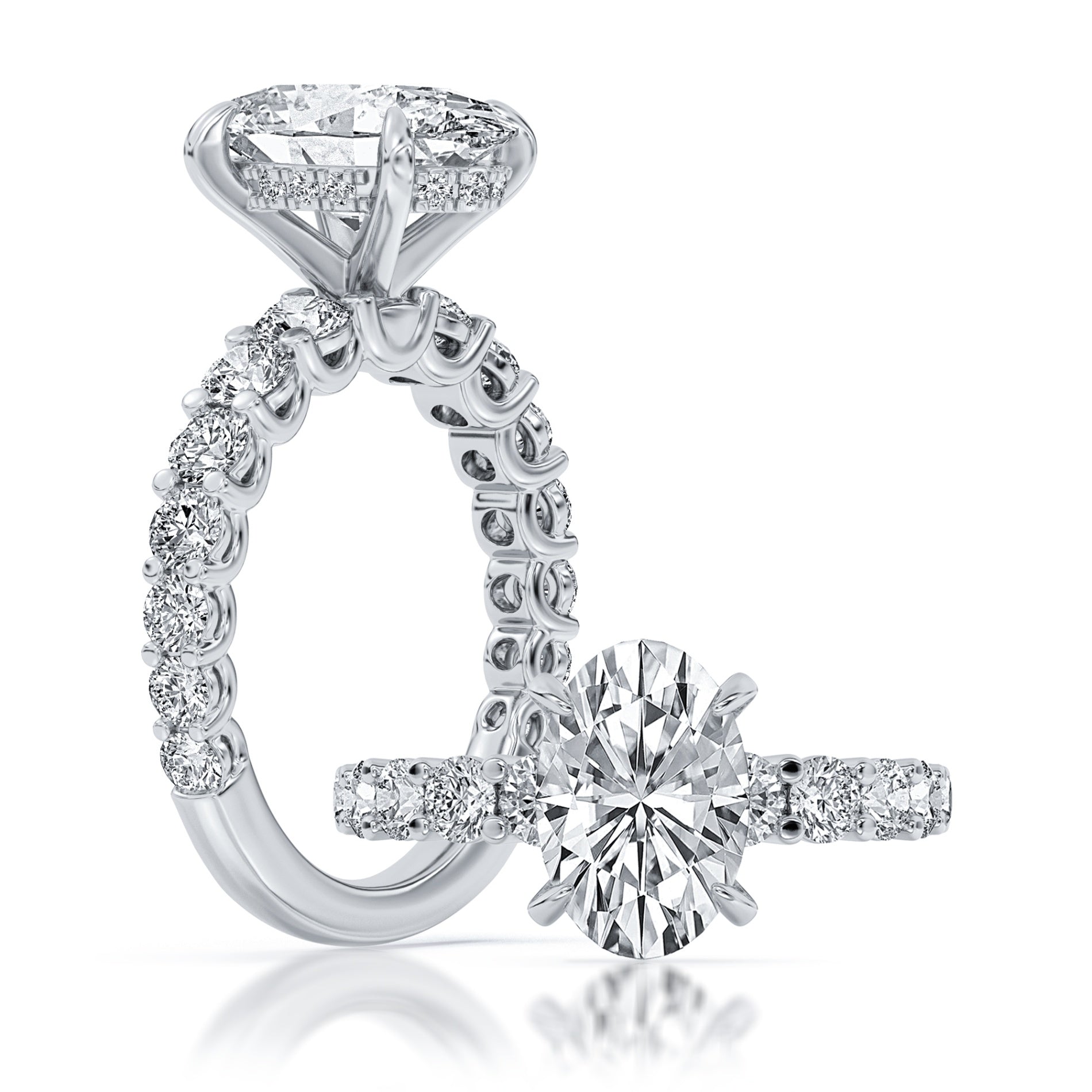 14K White Gold Oval Diamond Engagement Ring With Hidden Halo and Diamond Accents