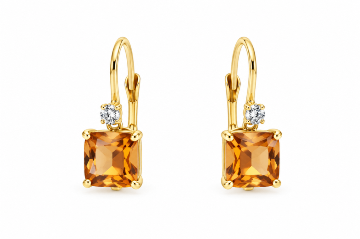 14K Yellow Gold Square Citrine and Diamond Earrings