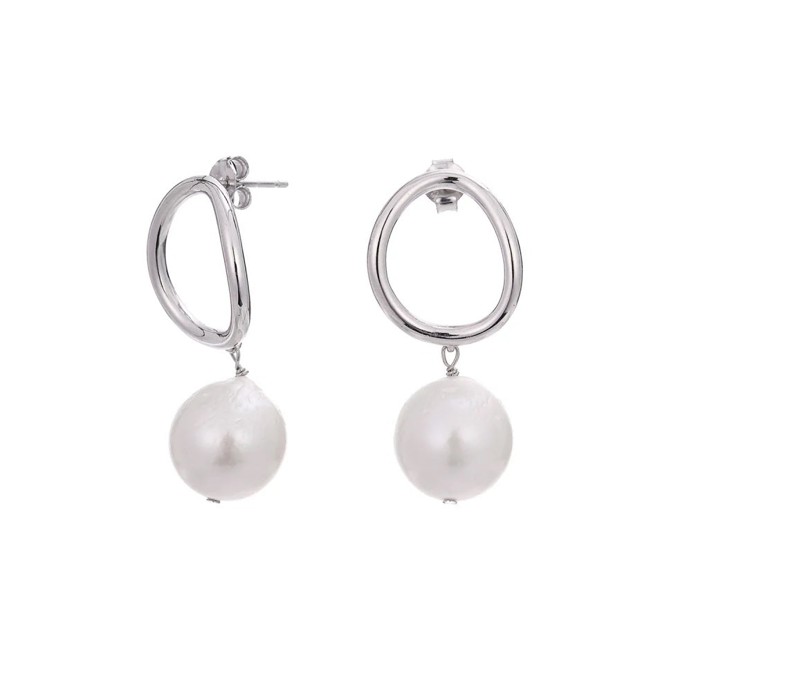 SS Pearl on Hoop Stud Earrings