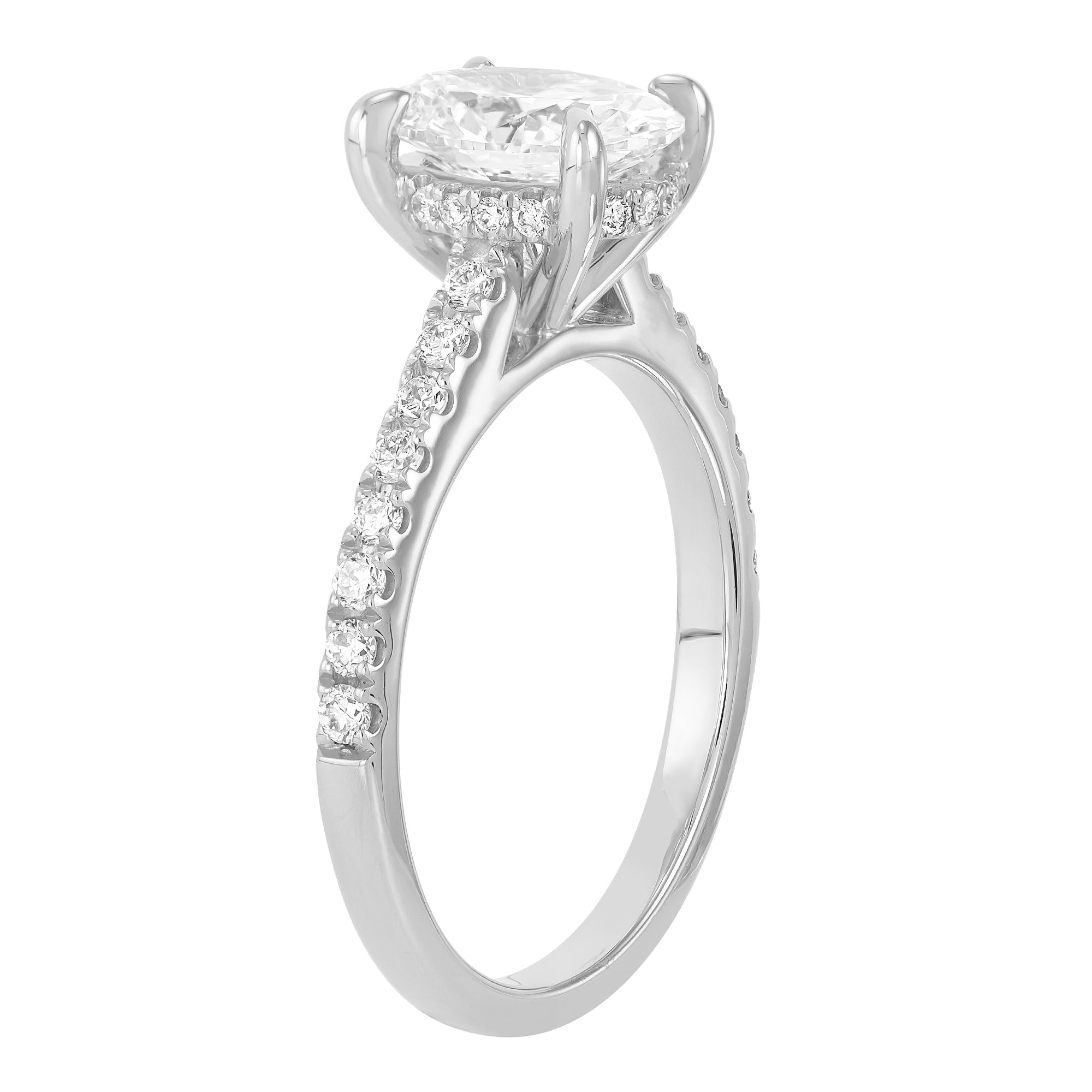 14K White Gold Oval Lab Grown Diamond Engagement Ring With Hidden Halo and Diamond Accents