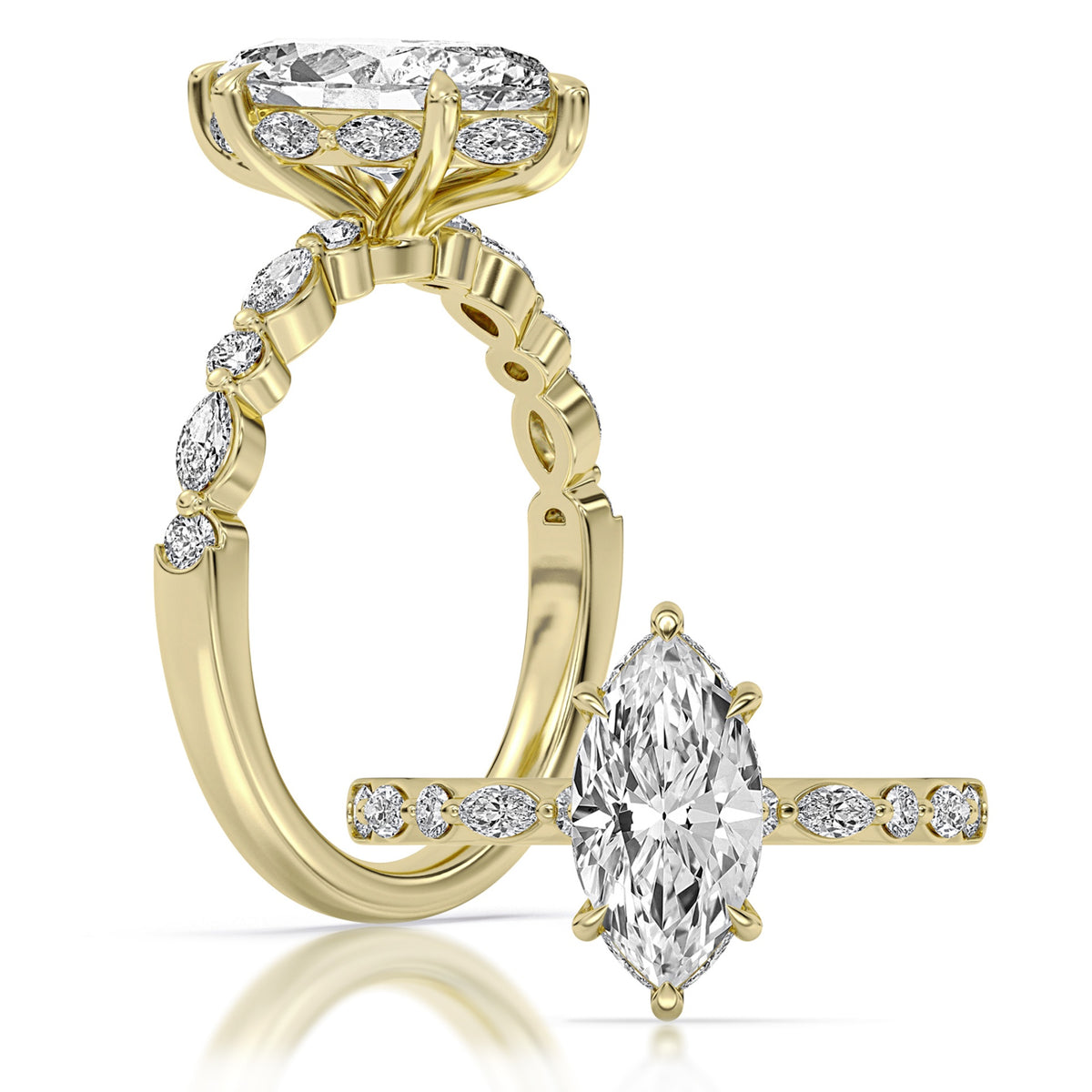 14K Yellow Gold Lab Grown 100-Facet Marquise Diamond Engagement Ring Featuring a Hidden Halo and Diamond Accents