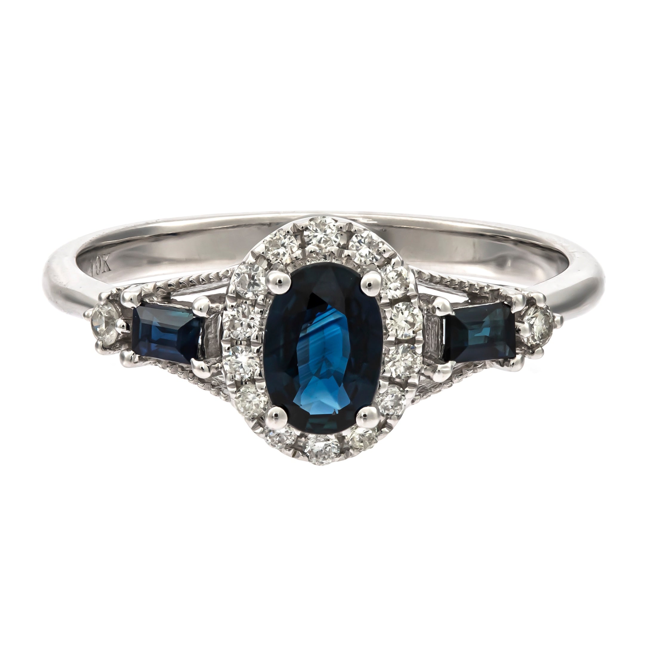 10K white Gold Sapphire and Diamond Halo Ring