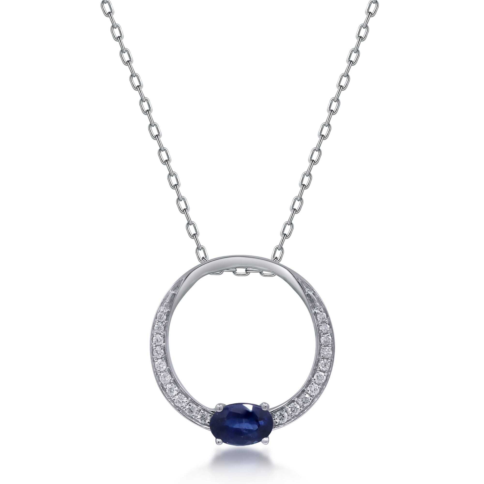 10K White Gold Sapphire and Diamond Round Pendant