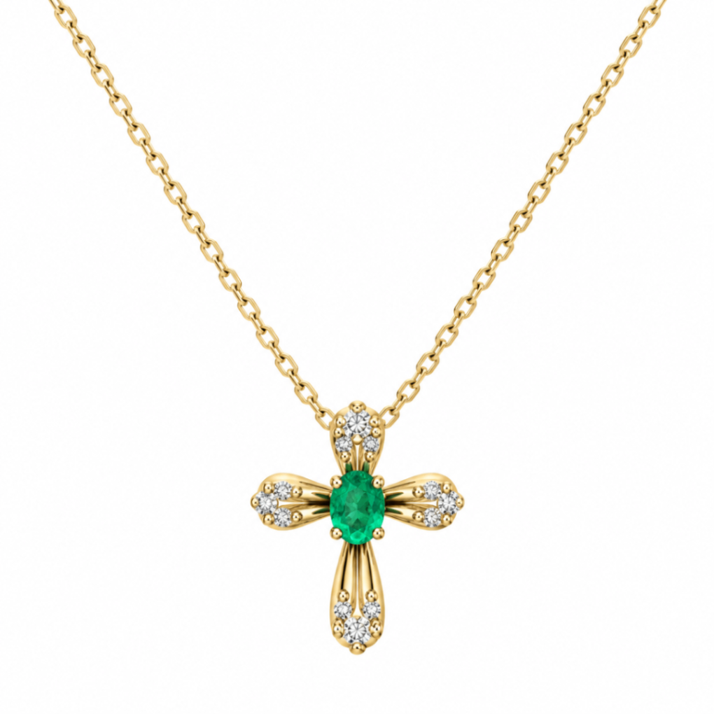 10K Yellow Gold Emerald Cross Pendant with Diamond Accents