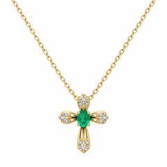 10K Yellow Gold Emerald Cross Pendant with Diamond Accents