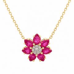 14K Yellow Gold Ruby Floral Pendant with Diamond Accent
