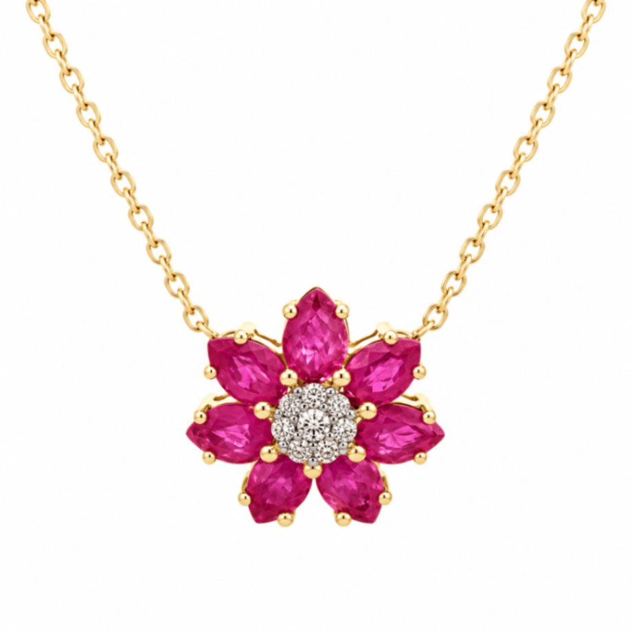 14K Yellow Gold Ruby Floral Pendant with Diamond Accent