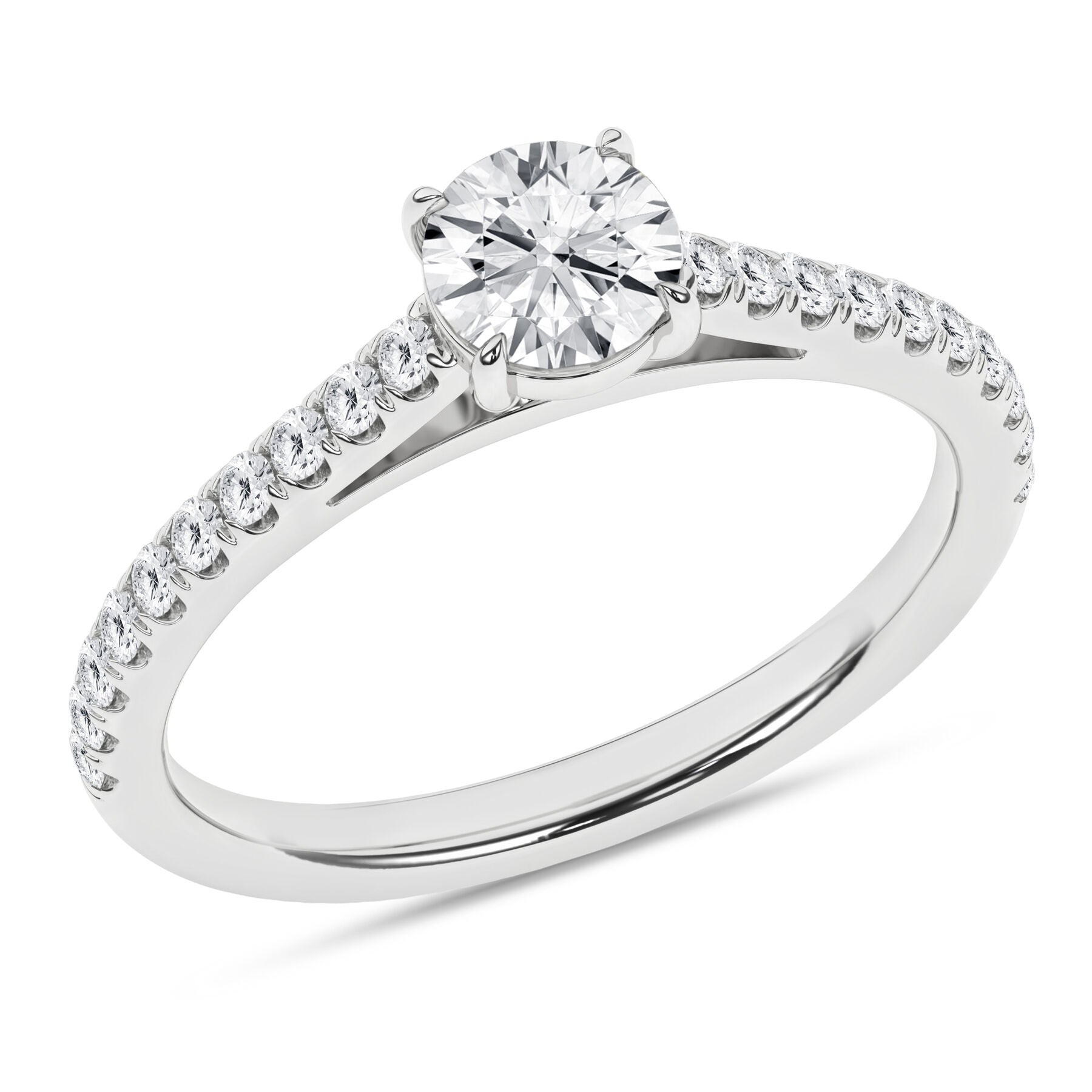 14K White Gold Round Diamond Engagement Ring With Diamond Accents