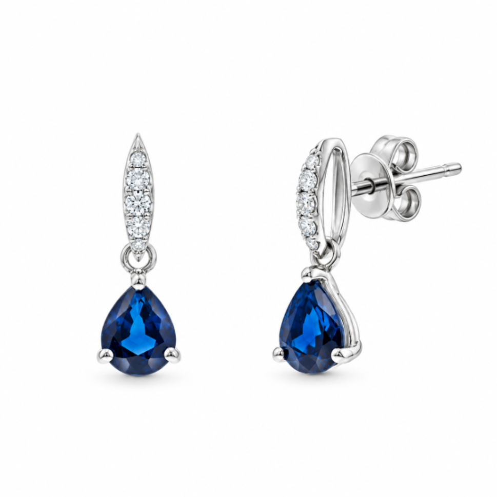 10K White Gold Blue Sapphire & Diamond Drop Earrings