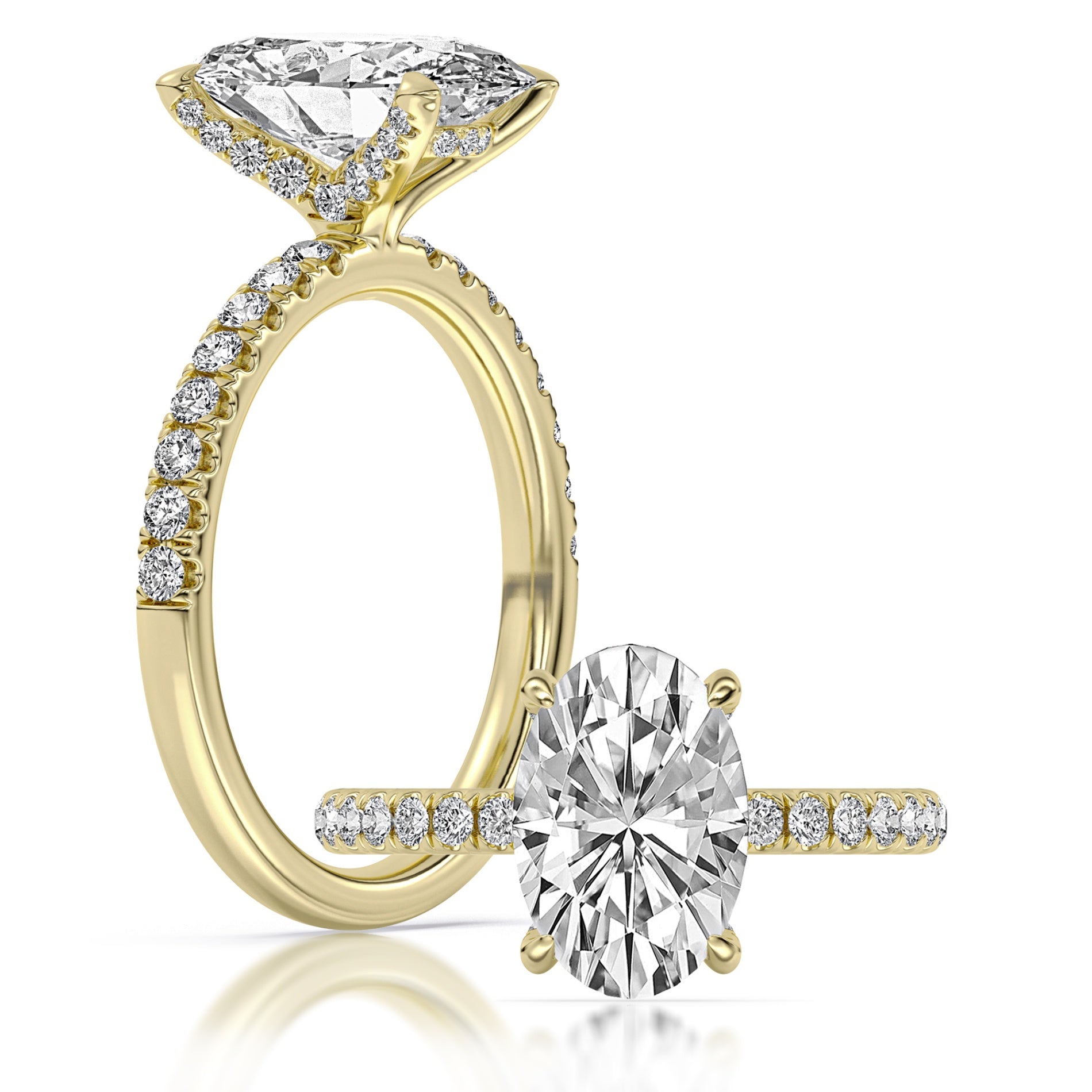 14K Yellow Gold Oval 100-Facet Diamond Engagement Ring with Diamond Accents