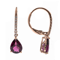 10K Rose Gold Pear Shaped Rhodolite and Diamond Dangle Earrings