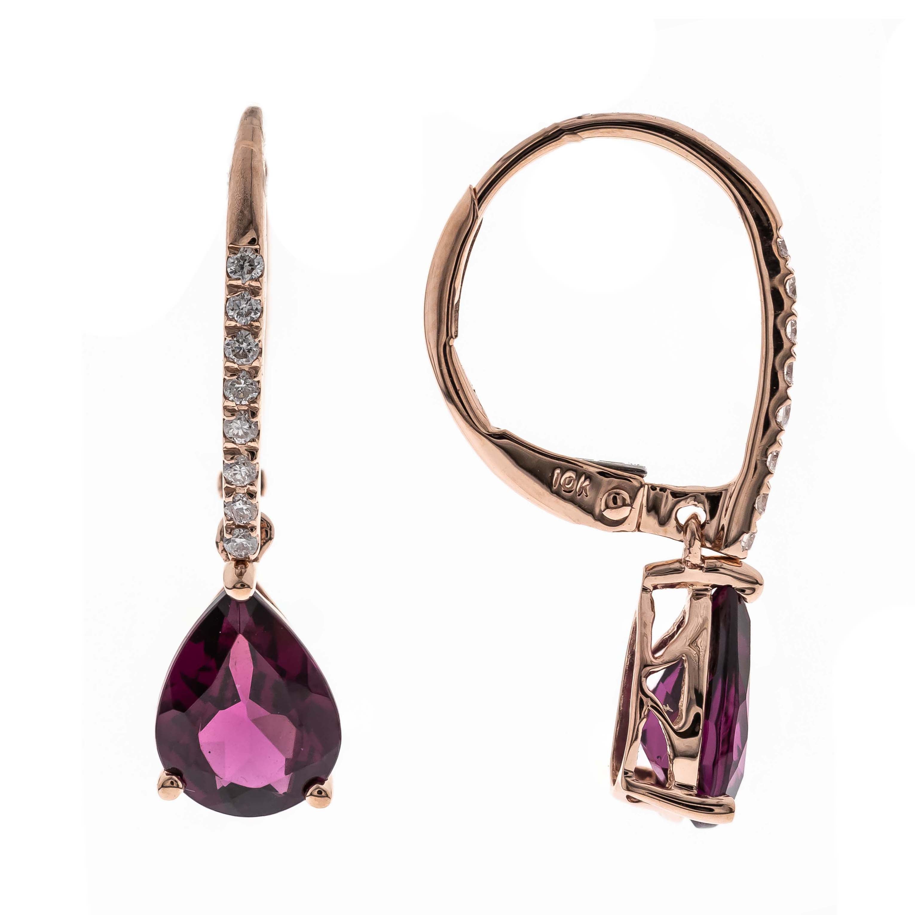 10K Rose Gold Pear Shaped Rhodolite and Diamond Dangle Earrings