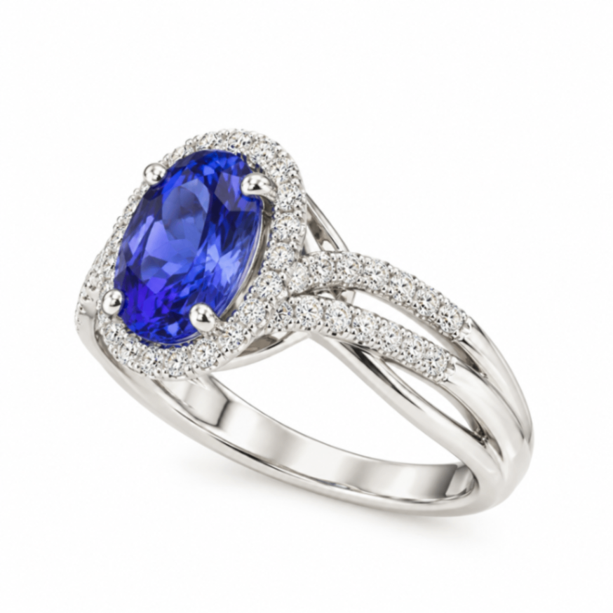 14K White Gold Oval Tanzanite Ring with Diamond Halo and Accents
