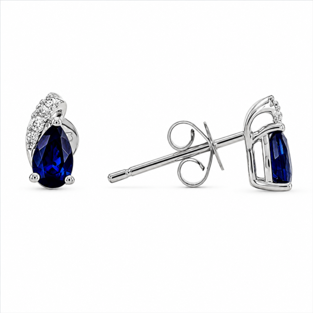 10K White Gold Pear Shaped Sapphire and Diamond Earrings