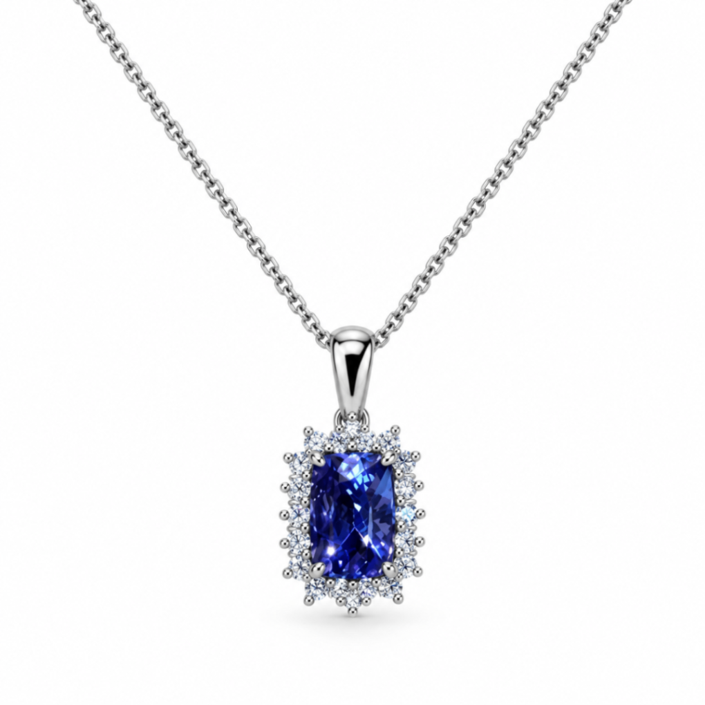 18K White Gold Tanzanite Pendant with Diamond Halo