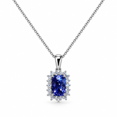 18K White Gold Tanzanite Pendant with Diamond Halo