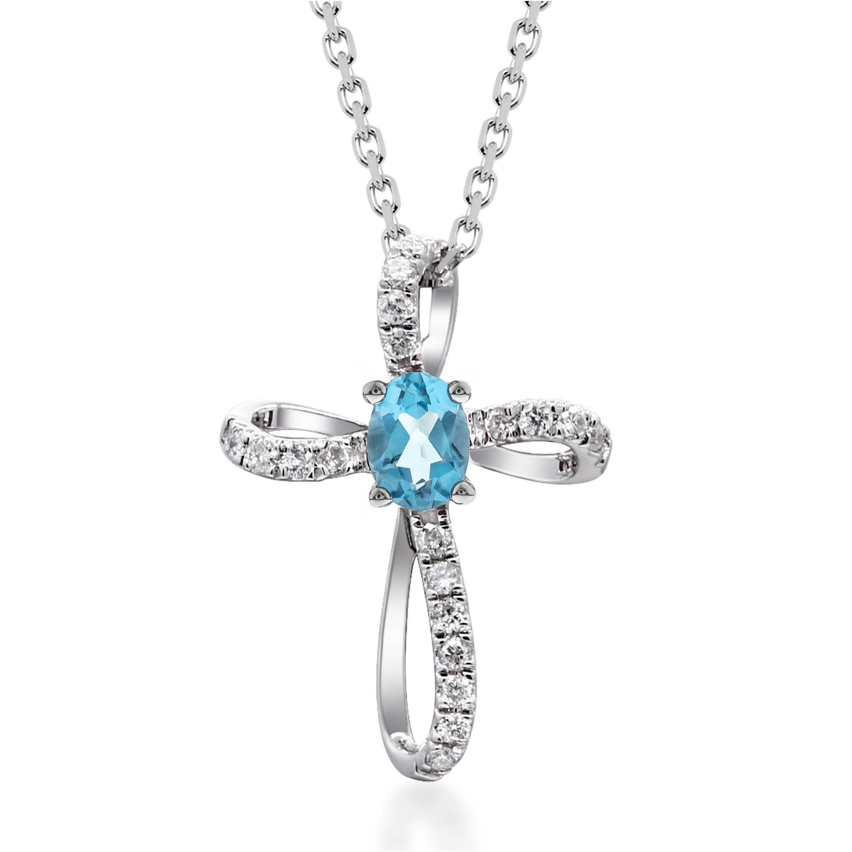 10K White Gold Blue Topaz Cross Pendant With Diamond Accents