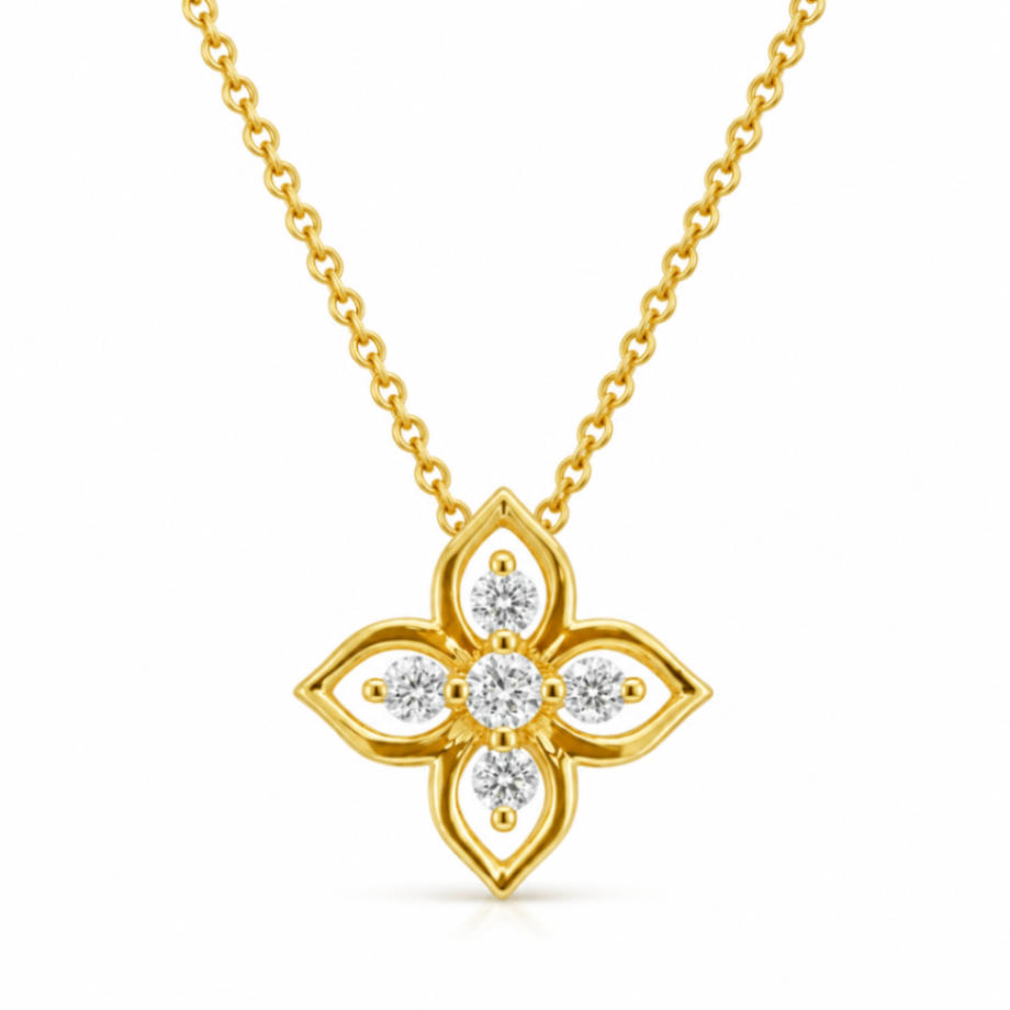 14K Yellow Gold Diamond Flower Pendant Necklace