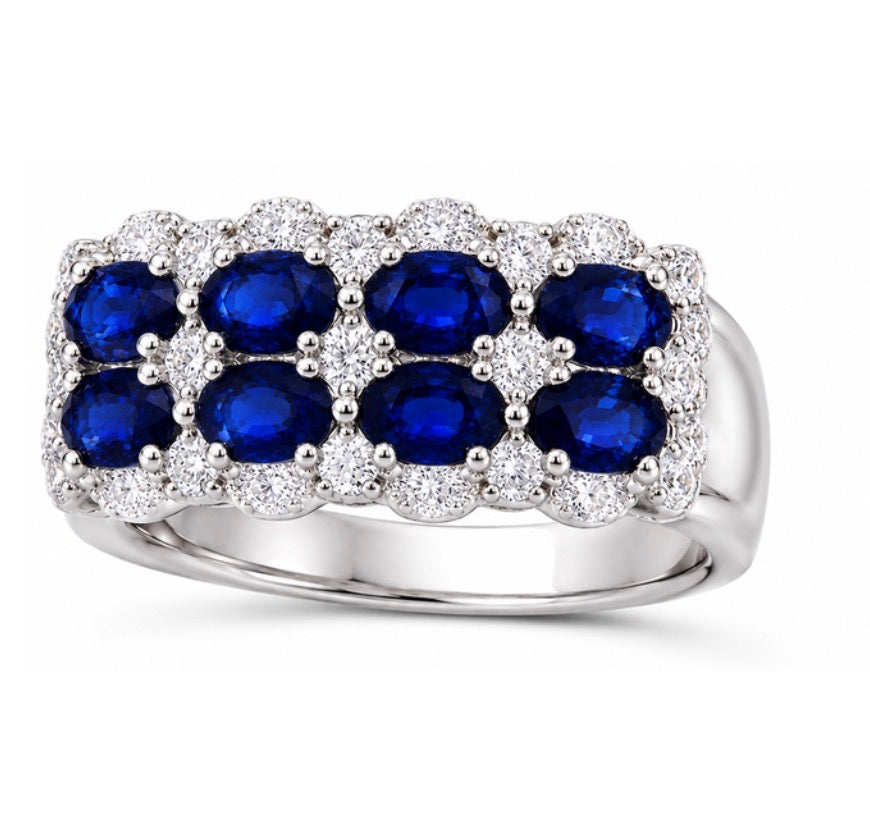 14K White Gold Double Sapphire and Diamond Row Ring
