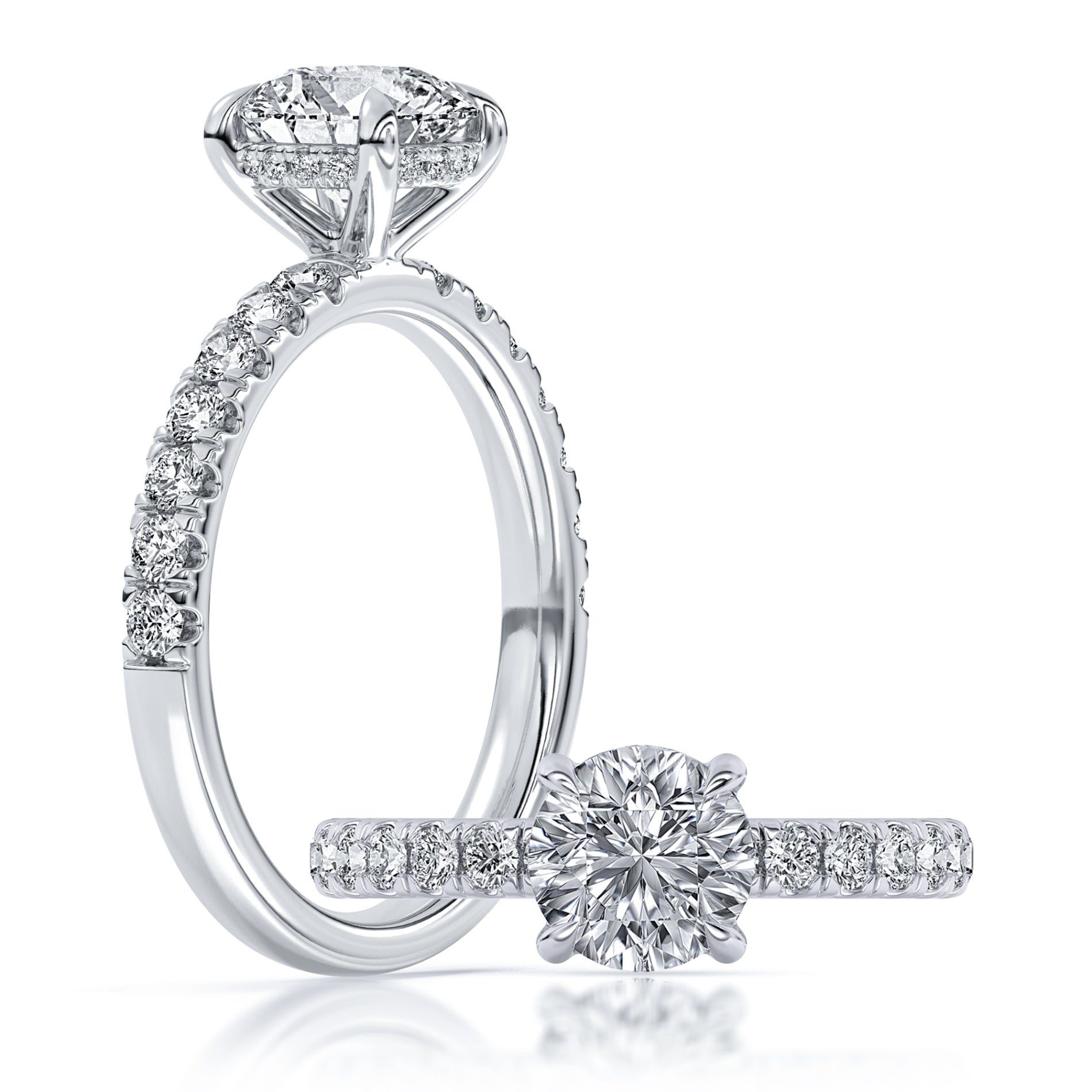14K White Gold 100-Facet Round Diamond Engagement Ring with Hidden Halo and Diamond Accents